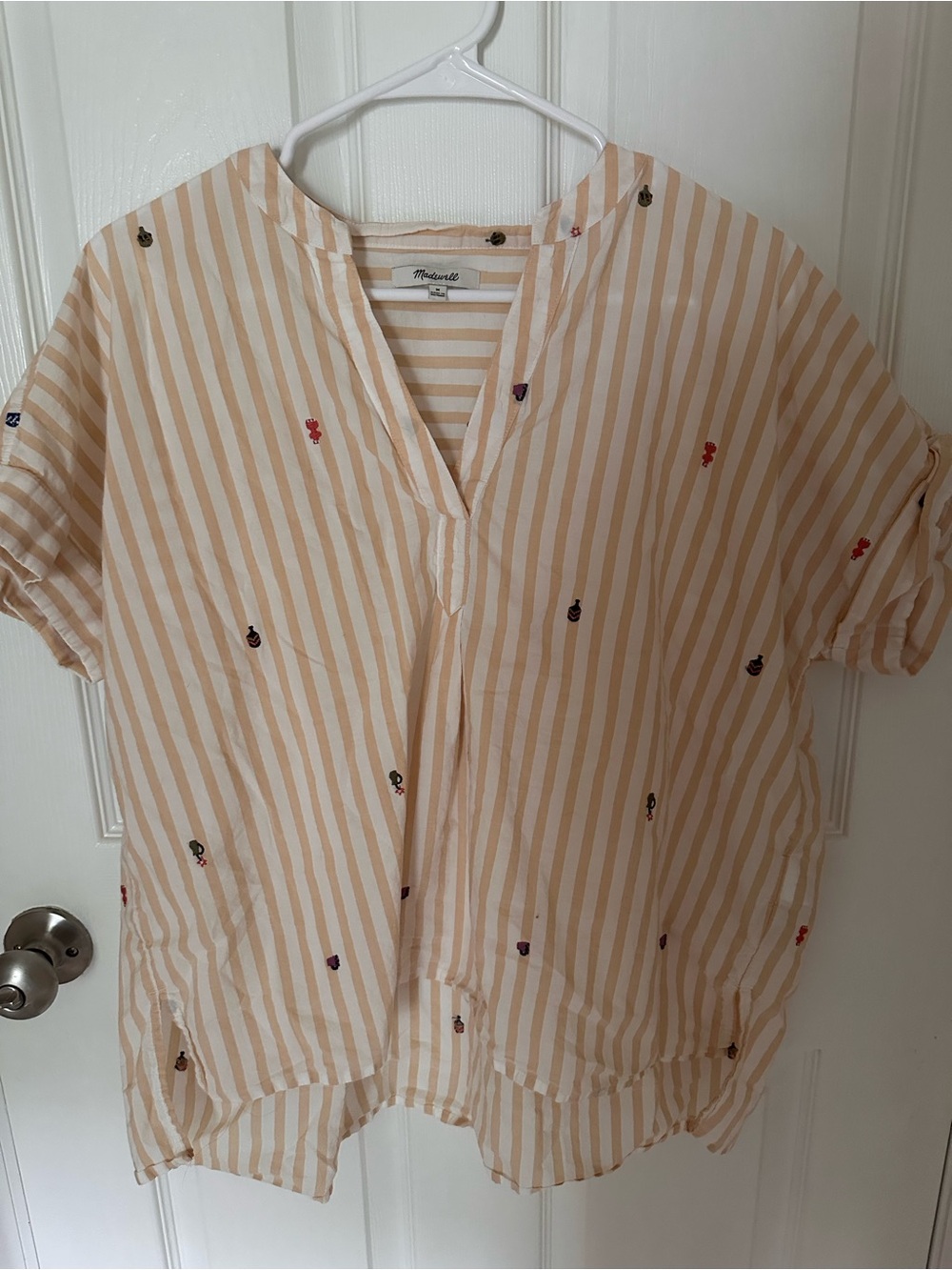 Madewell Cream and Tan/yellowish Striped Embroidered Button Blouse